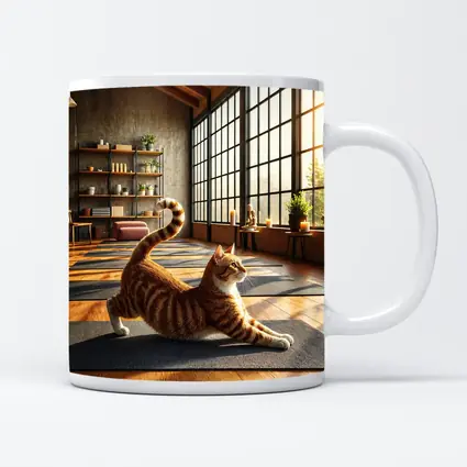 Orange Tabby Cat Stretching in Yoga Studio