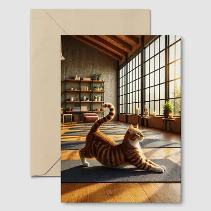 Orange Tabby Cat Stretching in Yoga Studio