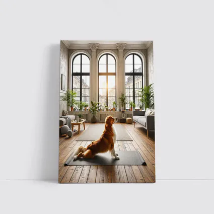 Golden Retriever Sitting on Yoga Mat Interior
