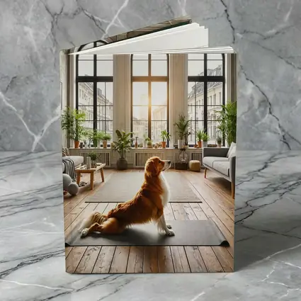 Golden Retriever Sitting on Yoga Mat Interior