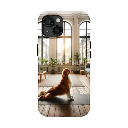 Golden Retriever Sitting on Yoga Mat Interior