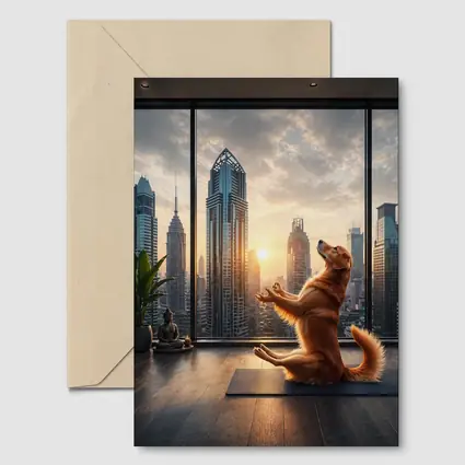 Golden Retriever Doing Yoga City Skyline