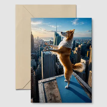 Border Collie Doing Yoga City Skyline