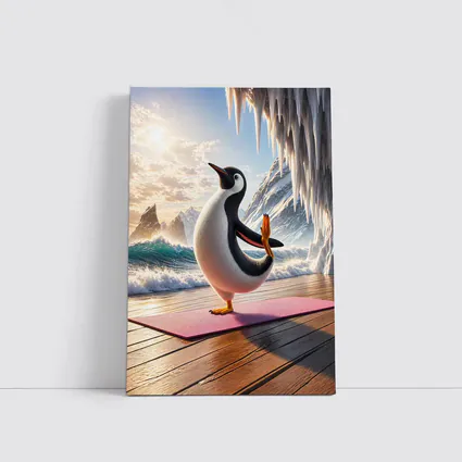 Penguin Yoga Pose On Icy Ocean Shore