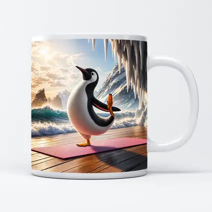 Penguin Yoga Pose On Icy Ocean Shore