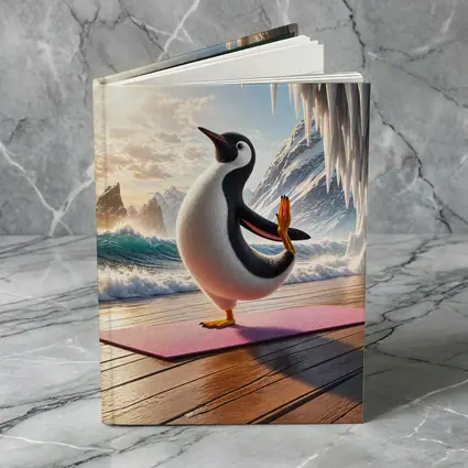 Penguin Yoga Pose On Icy Ocean Shore