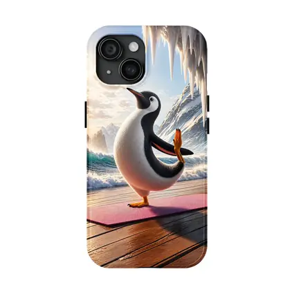Penguin Yoga Pose On Icy Ocean Shore