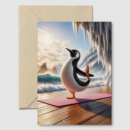 Penguin Yoga Pose On Icy Ocean Shore