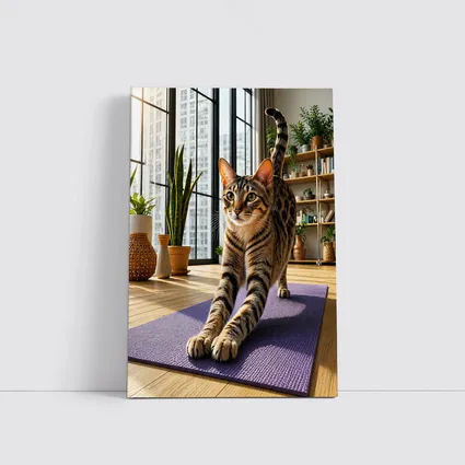Egyptian Mau Cat Stretching on Yoga Mat