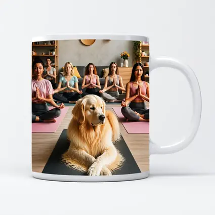 Golden Retriever Meditating With Women Yoga Studio