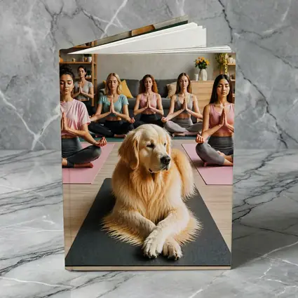 Golden Retriever Meditating With Women Yoga Studio