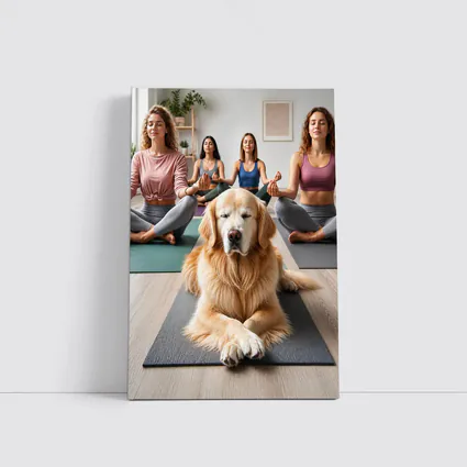 Golden Retriever Meditating With Women Yoga Studio