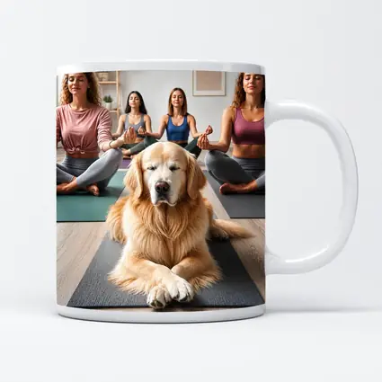 Golden Retriever Meditating With Women Yoga Studio