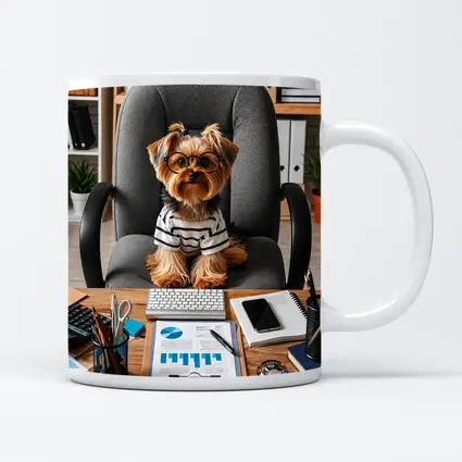 Yorkshire Terrier Boss Sitting at Office Desk