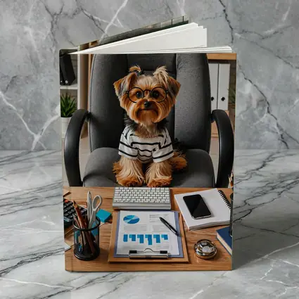 Yorkshire Terrier Boss Sitting at Office Desk