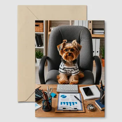 Yorkshire Terrier Boss Sitting at Office Desk