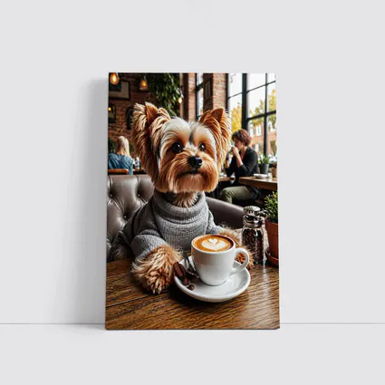 Yorkshire Terrier Wearing Sweater In Cozy Cafe