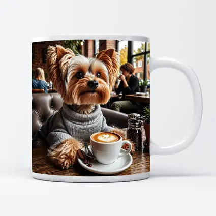 Yorkshire Terrier Wearing Sweater In Cozy Cafe