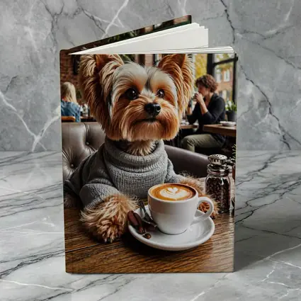 Yorkshire Terrier Wearing Sweater In Cozy Cafe