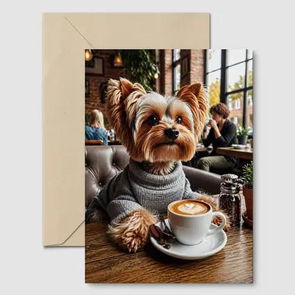 Yorkshire Terrier Wearing Sweater In Cozy Cafe