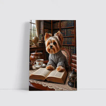 Yorkshire Terrier Reading Book Cozy Library