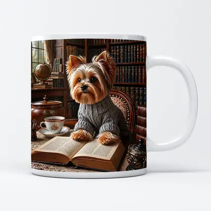 Yorkshire Terrier Reading Book Cozy Library