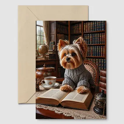 Yorkshire Terrier Reading Book Cozy Library