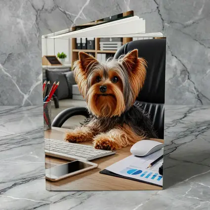 Yorkshire Terrier Sitting at Office Desk