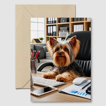 Yorkshire Terrier Sitting at Office Desk