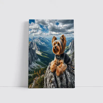 Yorkshire Terrier Sitting on Mountain Rocky Peak