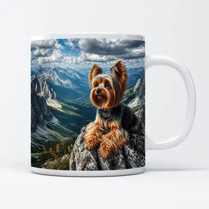 Yorkshire Terrier Sitting on Mountain Rocky Peak