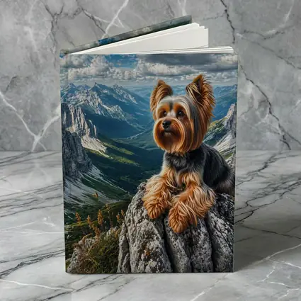 Yorkshire Terrier Sitting on Mountain Rocky Peak