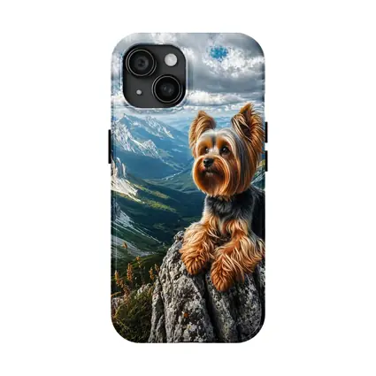 Yorkshire Terrier Sitting on Mountain Rocky Peak