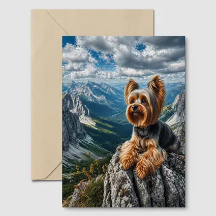 Yorkshire Terrier Sitting on Mountain Rocky Peak