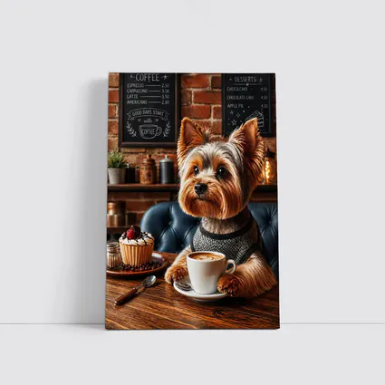 Yorkshire Terrier Drinking Coffee In Cozy Cafe
