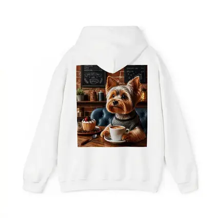 Yorkshire Terrier Drinking Coffee In Cozy Cafe
