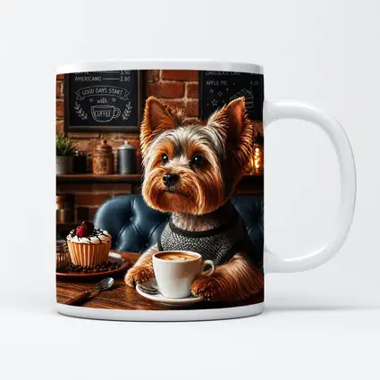 Yorkshire Terrier Drinking Coffee In Cozy Cafe