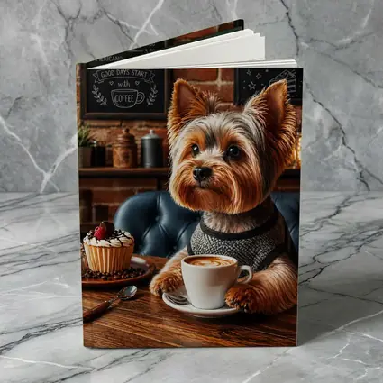 Yorkshire Terrier Drinking Coffee In Cozy Cafe