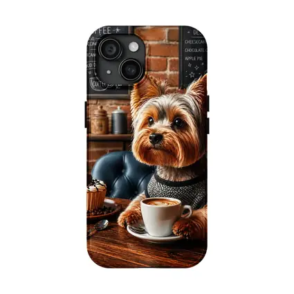 Yorkshire Terrier Drinking Coffee In Cozy Cafe