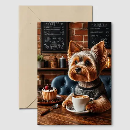 Yorkshire Terrier Drinking Coffee In Cozy Cafe