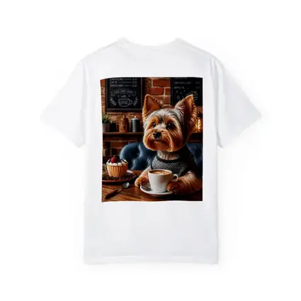 Yorkshire Terrier Drinking Coffee In Cozy Cafe
