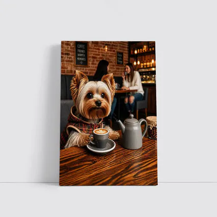 Yorkshire Terrier Enjoying Coffee in Cozy Cafe
