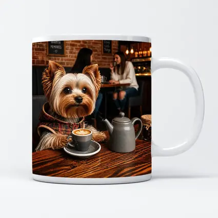 Yorkshire Terrier Enjoying Coffee in Cozy Cafe