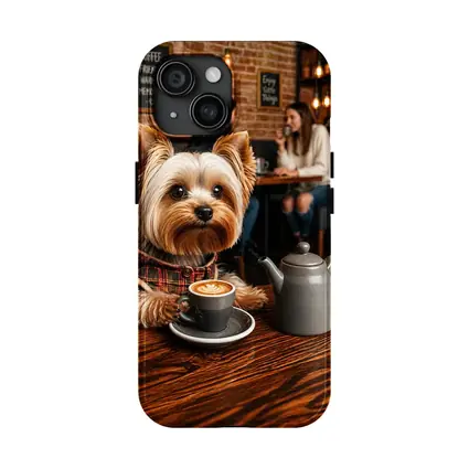 Yorkshire Terrier Enjoying Coffee in Cozy Cafe