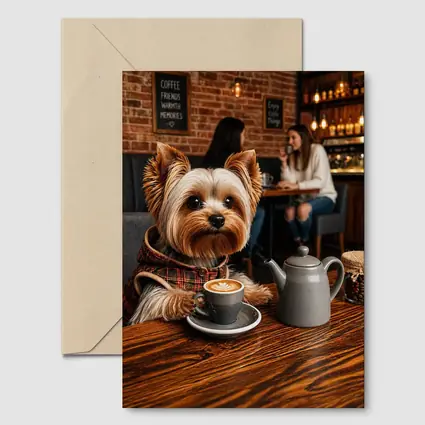Yorkshire Terrier Enjoying Coffee in Cozy Cafe