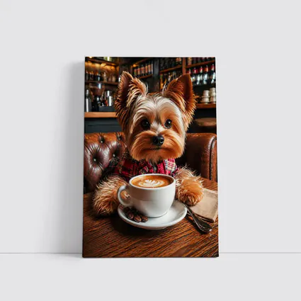 Yorkshire Terrier Drinking Coffee In Cafe