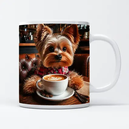Yorkshire Terrier Drinking Coffee In Cafe