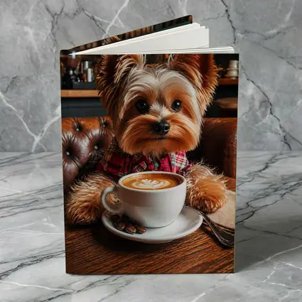Yorkshire Terrier Drinking Coffee In Cafe