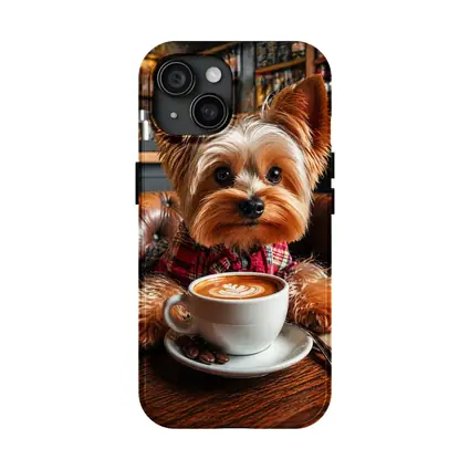 Yorkshire Terrier Drinking Coffee In Cafe