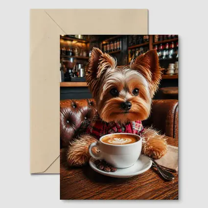Yorkshire Terrier Drinking Coffee In Cafe